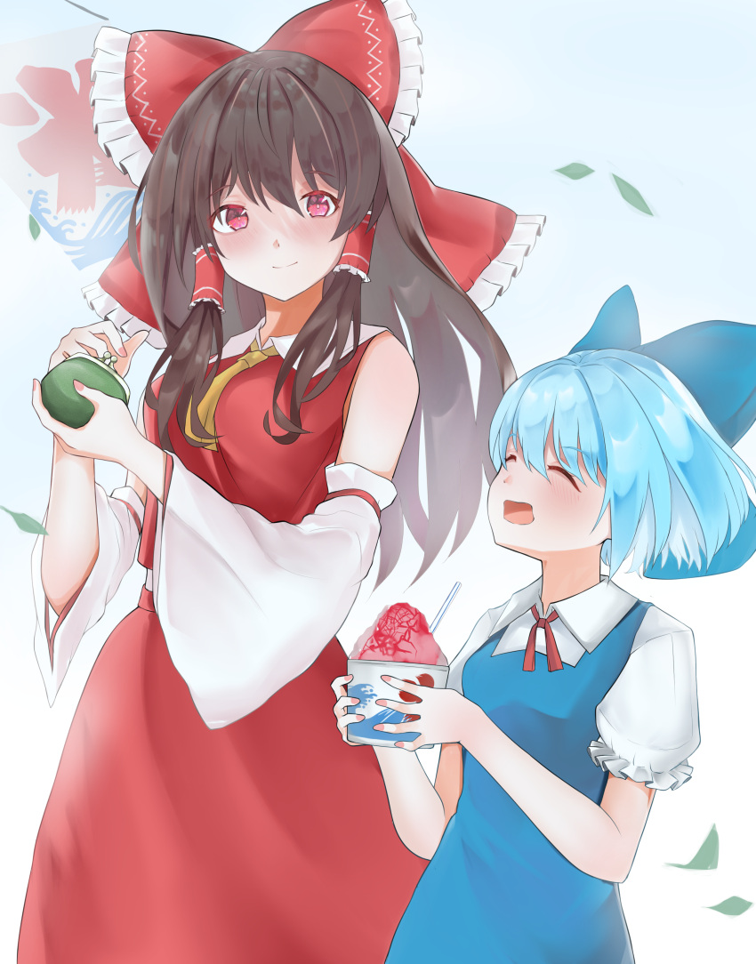 1girl 258n absurdres arms_up black_hair blue_background blue_dress blue_hair blush bow breasts cirno closed_eyes coin_purse commentary cowboy_shot cravat detached_sleeves dress eyebrows_visible_through_hair food hair_between_eyes hair_bow hair_tubes hakurei_reimu height_difference highres holding holding_food holding_purse leaf light_smile long_hair looking_at_viewer medium_breasts neck_ribbon neckwear_between_breasts open_mouth pinafore_dress puffy_short_sleeves puffy_sleeves red_eyes red_neckwear red_skirt red_vest ribbon shaved_ice shirt short_hair short_sleeves sidelocks sign skirt standing touhou upper_body very_long_hair vest white_shirt yellow_neckwear