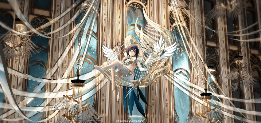 1boy absurdres alternate_costume androgynous bangs barefoot black_hair blue_hair bow_(weapon) braid capelet chandelier chest_tattoo cii_(1415509675) closed_mouth crop_top detached_sleeves feathered_wings flower genshin_impact gradient_hair green_eyes hair_flower hair_ornament harp highres holding holding_bow_(weapon) holding_weapon hood hood_down hooded_capelet huge_filesize instrument leg_tattoo long_sleeves looking_at_viewer male_focus midriff multicolored_hair no_shoes short_hair_with_long_locks shorts single_thighhigh sitting sleeveless soles solo tagme tattoo thigh-highs twin_braids venti_(genshin_impact) weapon white_flower white_legwear white_shorts wings