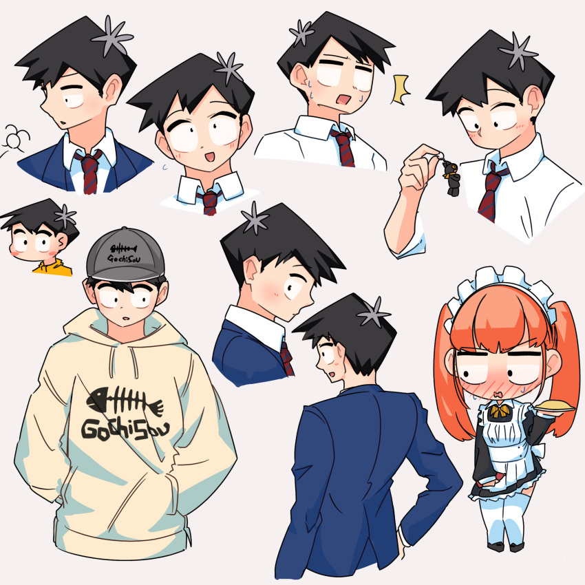 1boy absurdres baseball_cap black_eyes black_hair blush crossdressinging degraded_ice food hat highres hood hoodie jacket komi-san_wa_komyushou_desu maid necktie omelet orange_hair school_uniform shirt tadano_hitohito twintails white_shirt wing_collar yellow_shirt