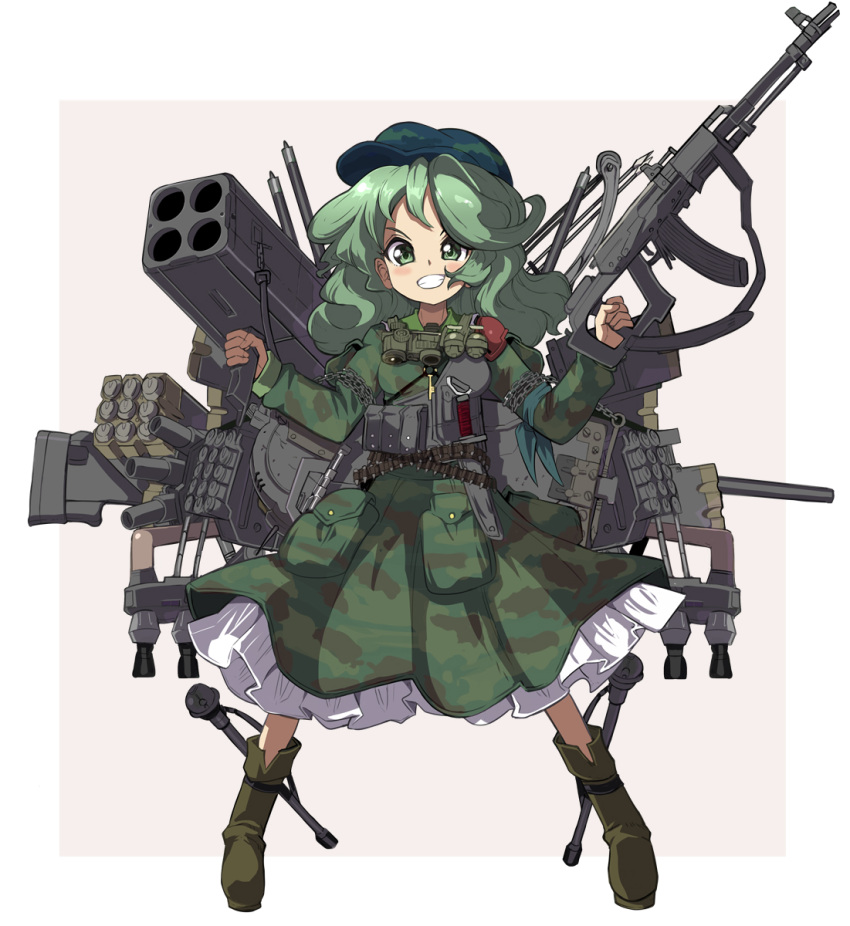 1girl ak-47 assault_rifle blush boots bow camouflage_print commentary_request dual_wielding full_body green_eyes green_hair green_shirt green_skirt grin gun hat highres holding holding_gun holding_weapon military military_uniform petticoat rifle rocket_launcher shirt shope simple_background skirt skirt_set smile solo touhou uniform weapon white_background yamashiro_takane