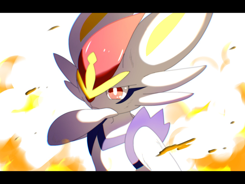bright_pupils cinderace closed_mouth commentary_request fire gen_8_pokemon hand_up highres pakani pokemon pokemon_(creature) red_eyes shiny solo upper_body