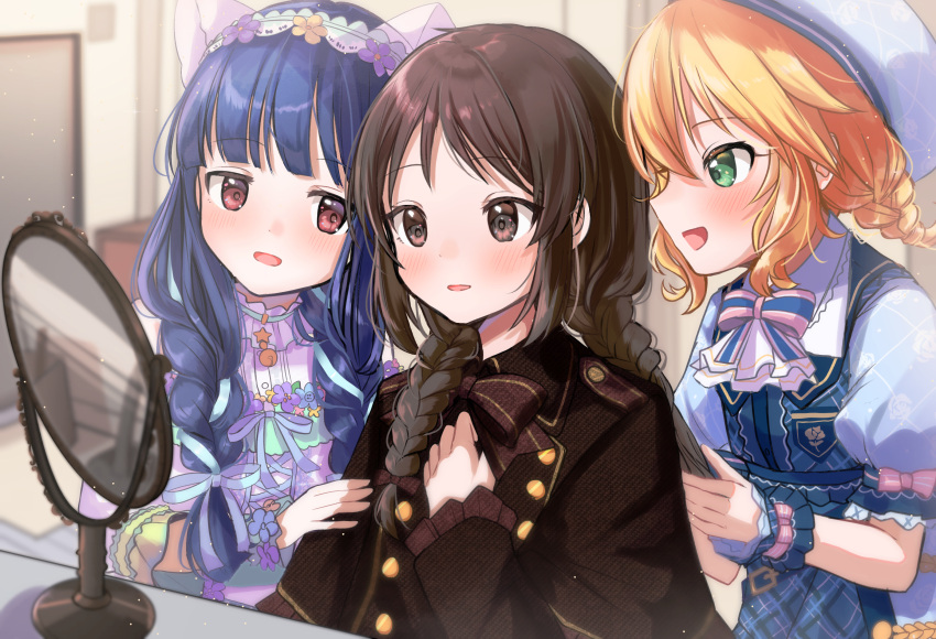 3girls :d alternate_costume alternate_hairstyle animal_ears bangs black_eyes black_hair blonde_hair blue_hair blush bracelet braid braiding_hair buttons eyebrows_visible_through_hair fake_animal_ears flower fuguiiii green_eyes hair_ornament hair_ribbon hairband hairdressing hat highres idolmaster idolmaster_cinderella_girls jewelry lace-trimmed_sleeves lace_trim light_smile mirror multiple_girls open_mouth red_eyes ribbon ribbon-trimmed_collar ribbon_trim sajou_yukimi sakurai_momoka smile tachibana_arisu