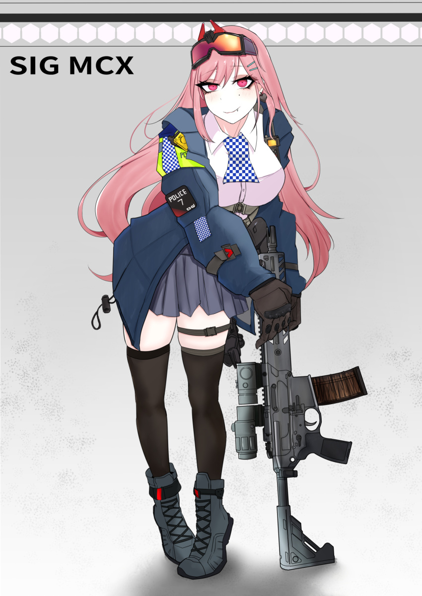 1girl bangs belt black_legwear blue_jacket blue_skirt boots brown_gloves closed_mouth eyebrows_visible_through_hair eyewear_on_head girls_frontline gloves grey_footwear gun highres holding holding_weapon jacket long_hair looking_at_viewer loveya1224 mole mole_under_eye open_clothes open_jacket pink_hair police police_uniform rifle shirt sig_mcx_(girls_frontline) sig_sauer simple_background skirt solo standing thigh-highs uniform violet_eyes weapon white_shirt