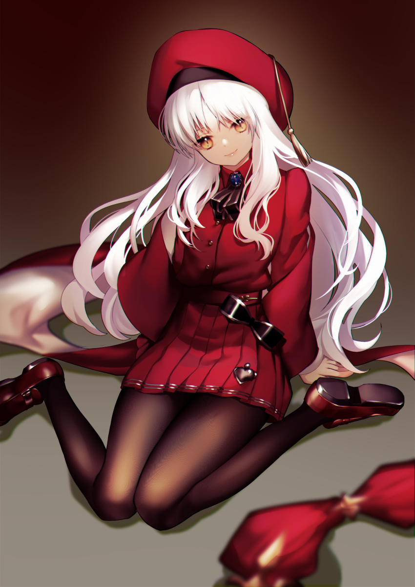 1girl arm_support bangs black_bow blouse bow brown_footwear brown_legwear caren_hortensia fate/grand_order fate_(series) head_tilt heart highres loafers long_hair long_sleeves looking_at_viewer miniskirt pantyhose pleated_skirt rahato red_blouse red_headwear red_skirt shoes sitting skirt skirt_set smile solo very_long_hair wariza wavy_hair white_hair yellow_eyes