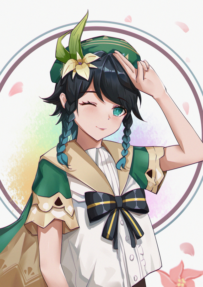 1boy absurdres alternate_costume androgynous bangs beret black_hair blue_hair bow braid cape eyebrows_visible_through_hair flower genshin_impact gradient_hair green_eyes green_headwear hair_flower hair_ornament hand_on_own_head hat helan highres huge_filesize leaf looking_at_viewer male_focus multicolored_hair one_eye_closed petals red_flower shirt short_hair_with_long_locks short_sleeves simple_background smile solo tongue tongue_out twin_braids venti_(genshin_impact) white_background white_flower white_shirt
