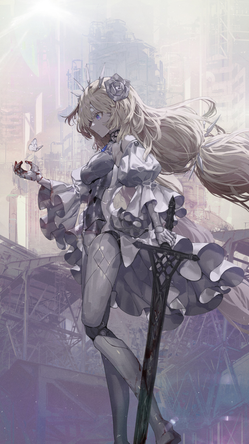 1girl absurdres bangs blonde_hair bug butterfly character_request copyright_request dress flower from_side hair_flower hair_ornament highres hinayuri holding holding_sword holding_weapon insect long_hair low-tied_long_hair mechanical_legs puffy_sleeves solo standing sword weapon white_butterfly white_dress white_fur wide_sleeves