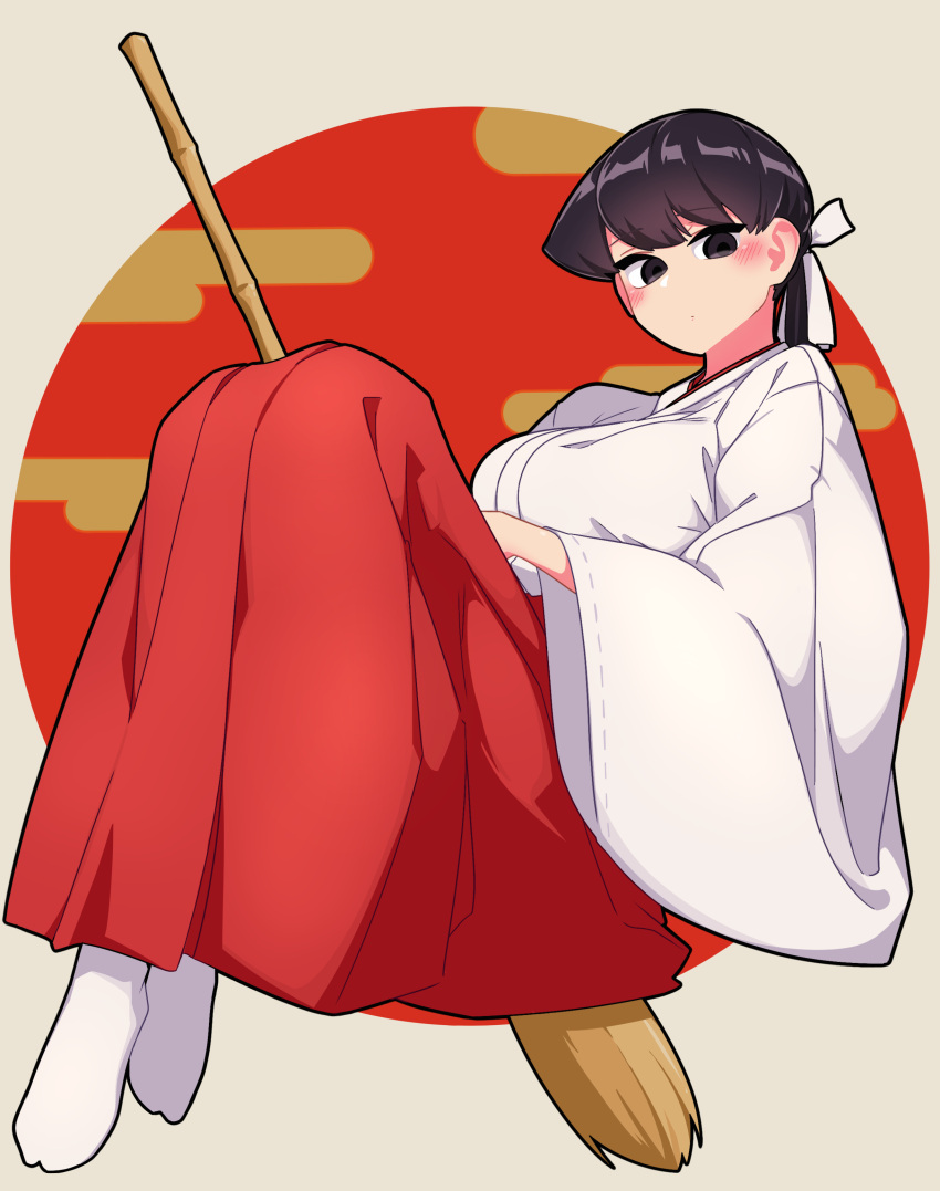 1girl absurdres black_hair blush bow breasts broom degraded_ice eyebrows_visible_through_hair hair_bow hakama highres japanese_clothes kimono komi-san_wa_komyushou_desu komi_shouko large_breasts long_hair long_sleeves looking_at_viewer red_hakama socks very_long_hair white_kimono white_legwear