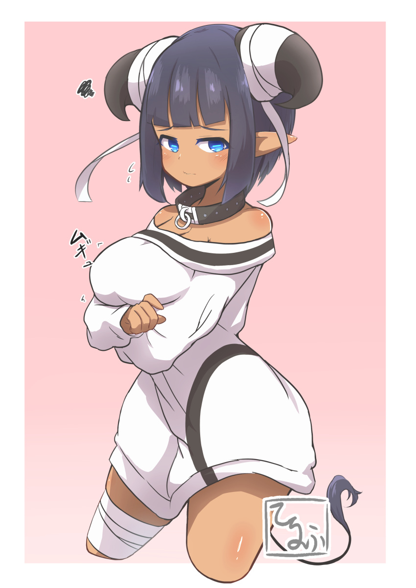 1girl absurdres bandaged_horns bangs bare_shoulders black_collar black_hair blue_eyes blush breasts closed_mouth collar commentary_request cow_girl cow_horns cow_tail cropped_legs curled_horns dark_skin dress flying_sweatdrops highres horns idaten93 large_breasts long_sleeves off-shoulder_dress off_shoulder original personification pink_background pointy_ears short_hair sleeves_past_wrists solo squiggle tail two-tone_background white_background white_dress