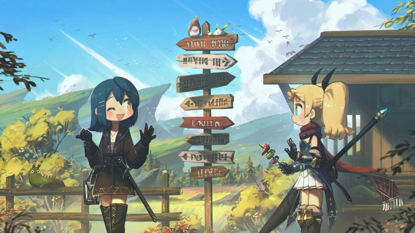 2girls absurdres armor bird black_gloves blonde_hair blue_eyes blue_hair blue_sky boots brown_jacket building clouds creature cressey_(porforever) day earrings fence food gloves hair_ornament hairclip highres holding holding_food jacket jewelry kebab lance lantern long_sleeves looking_at_another medium_hair mountain multiple_girls one_eye_closed open_mouth original outdoors plant pleated_skirt polearm porforever red_scarf scarf sheath sheathed signpost skirt sky sleeveless smile standing sweat sword thigh-highs thigh_boots tree twintails weapon white_skirt wide_shot yellow_eyes