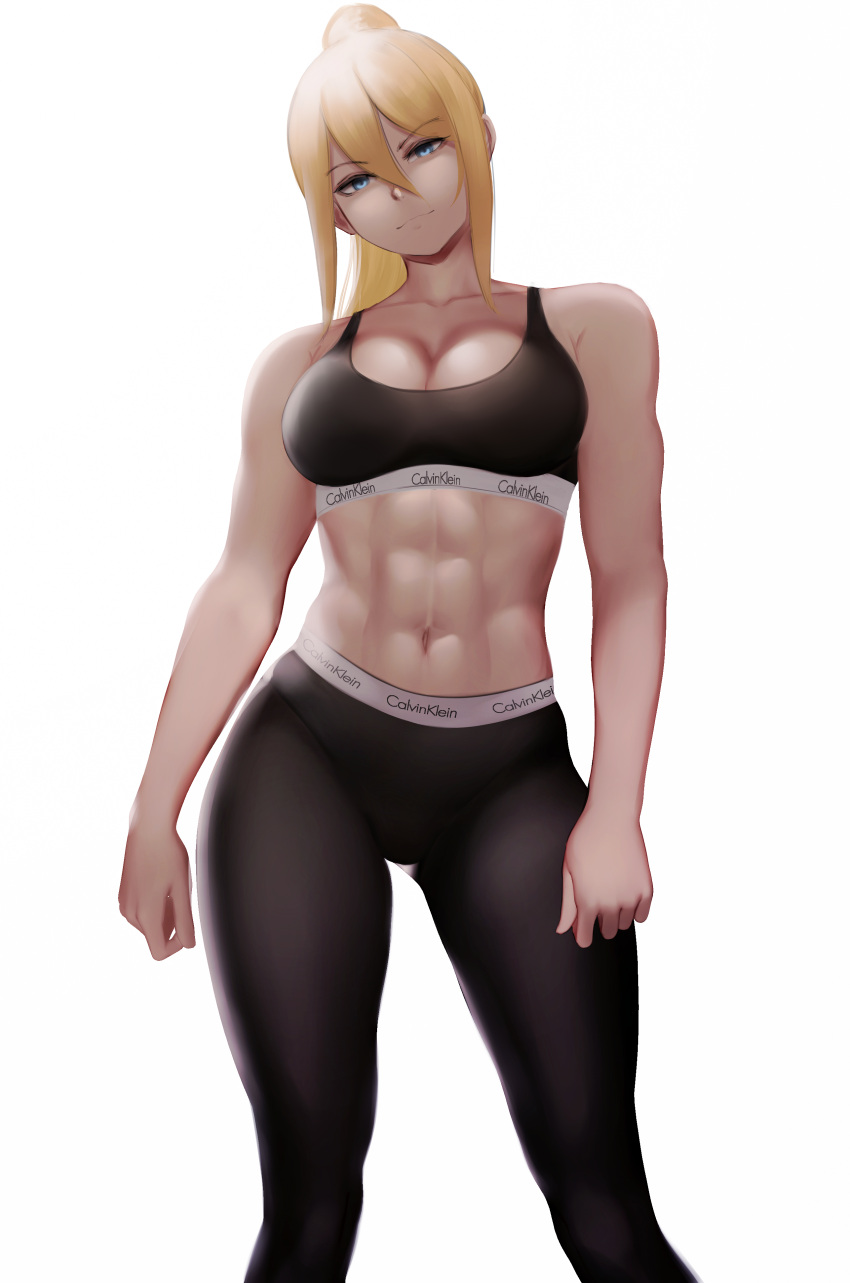 1girl abs absurdres alternate_costume black_pants blonde_hair blue_eyes breasts calvin_klein highres large_breasts looking_at_viewer metroid muscular muscular_female navel pants ponytail samus_aran simple_background sports_bra sportswear thighs white_background yoga_pants zaki_(zaki_btw)