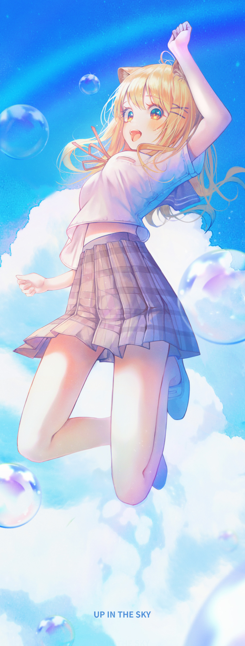 1girl absurdres animal_ear_fluff animal_ears arm_up bare_legs blonde_hair blue_eyes blue_sky blush breasts bubble cat_ears clouds day hair_ornament hairclip hand_up highres immi_immi jumping large_breasts long_hair looking_at_viewer midriff_peek neck_ribbon open_mouth original plaid plaid_skirt ribbon sailor_collar school_uniform serafuku shirt shoes short_sleeves skirt sky smile solo summer x_hair_ornament