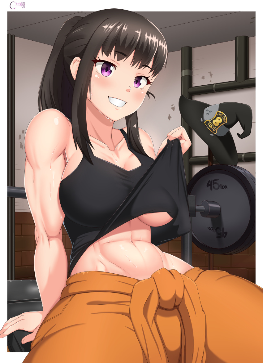1girl abs absurdres bangs bare_arms bare_shoulders black_hair black_tank_top blunt_bangs breasts castell collarbone en'en_no_shouboutai enen_no_shoubotai hat highres indoors large_breasts lifted_by_self maki_oze muscular muscular_female orange_pants ponytail shirt_lift sitting smile solo stomach sweat tank_top toned under_boob violet_eyes weightlifting weights witch_hat