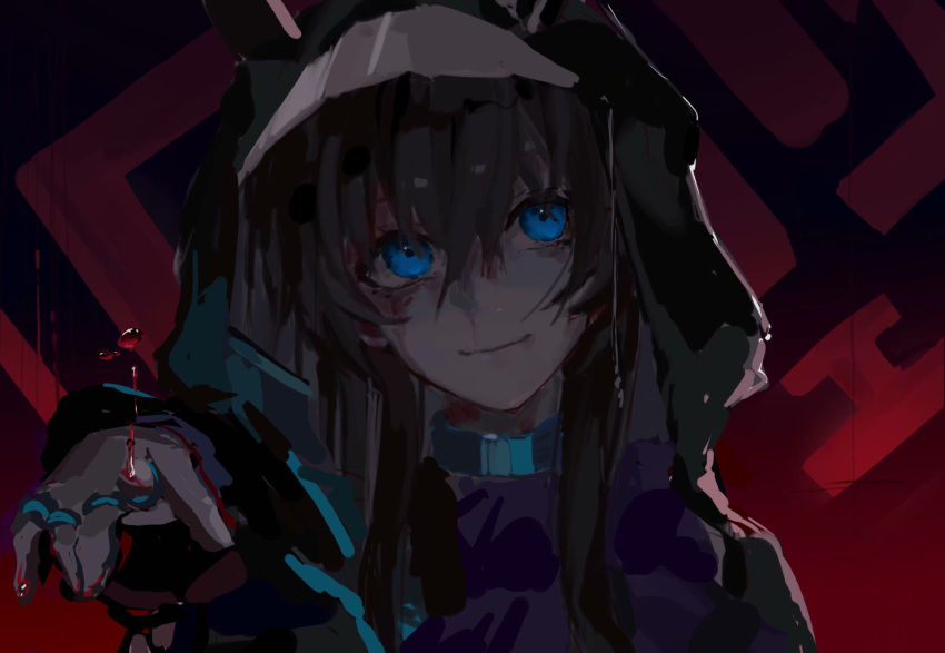 1girl 9degree amiya_(arknights) arknights black_coat blood blood_drop blood_on_face blue_eyes brown_hair closed_mouth coat commentary droplet hair_between_eyes head_tilt highres hood hood_up hooded_coat jewelry light_smile long_hair looking_at_viewer multiple_rings neck_ring open_clothes open_coat outstretched_arm portrait red_background ring simple_background solo symbol_commentary visor_cap