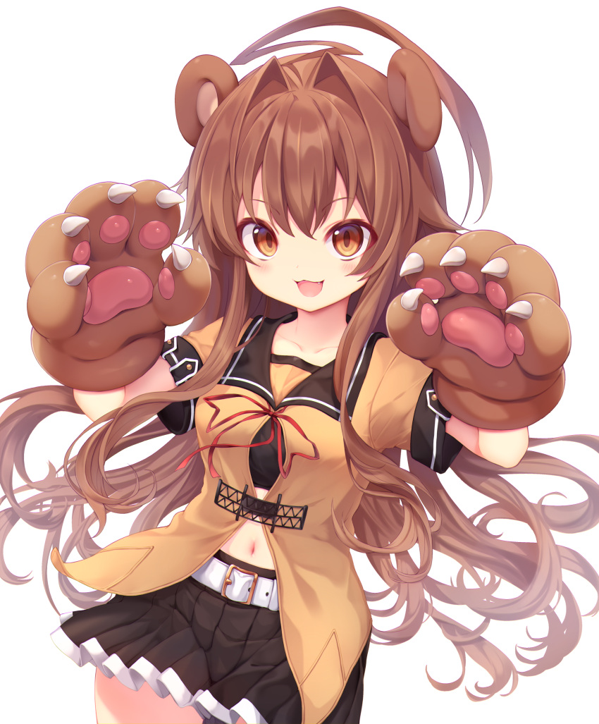 1girl :d absurdres ahoge animal_ears bear_ears belt black_sailor_collar black_skirt blush breasts brown_eyes brown_hair collarbone commentary_request cowboy_shot eyebrows_visible_through_hair fang gloves hair_between_eyes highres kantai_collection kuma_(kancolle) long_hair looking_at_viewer medium_breasts navel open_mouth paw_gloves paws pleated_skirt remodel_(kantai_collection) sailor_collar school_uniform serafuku short_sleeves skirt smile solo sukemyon