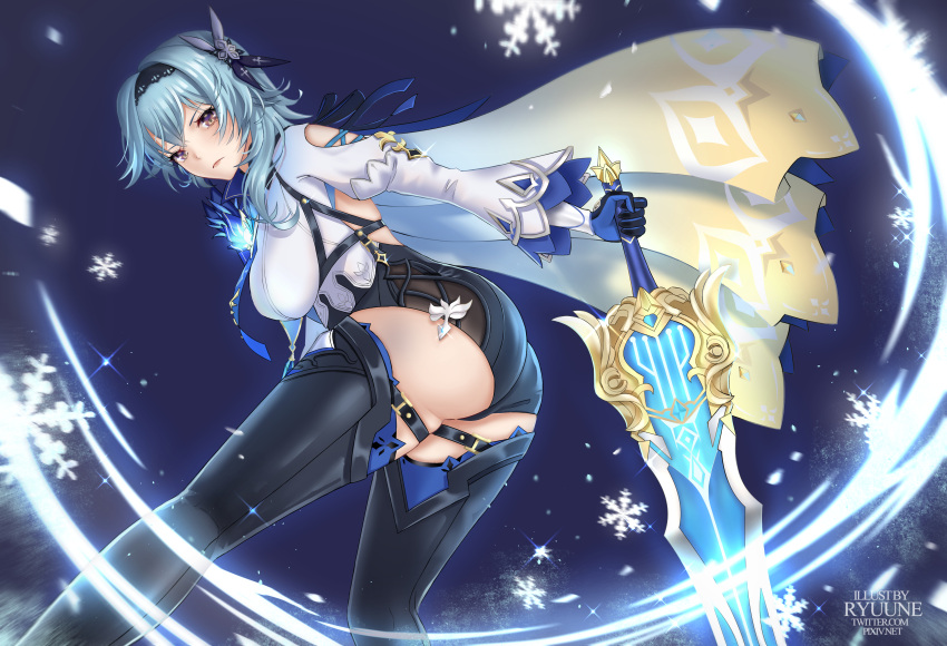 1girl absurdres ass breasts cape eula_(genshin_impact) genshin_impact gloves hair_ornament half-closed_eyes highres holding holding_sword holding_weapon legs long_sleeves ryuuneart solo sword thigh-highs thighs weapon yellow_eyes