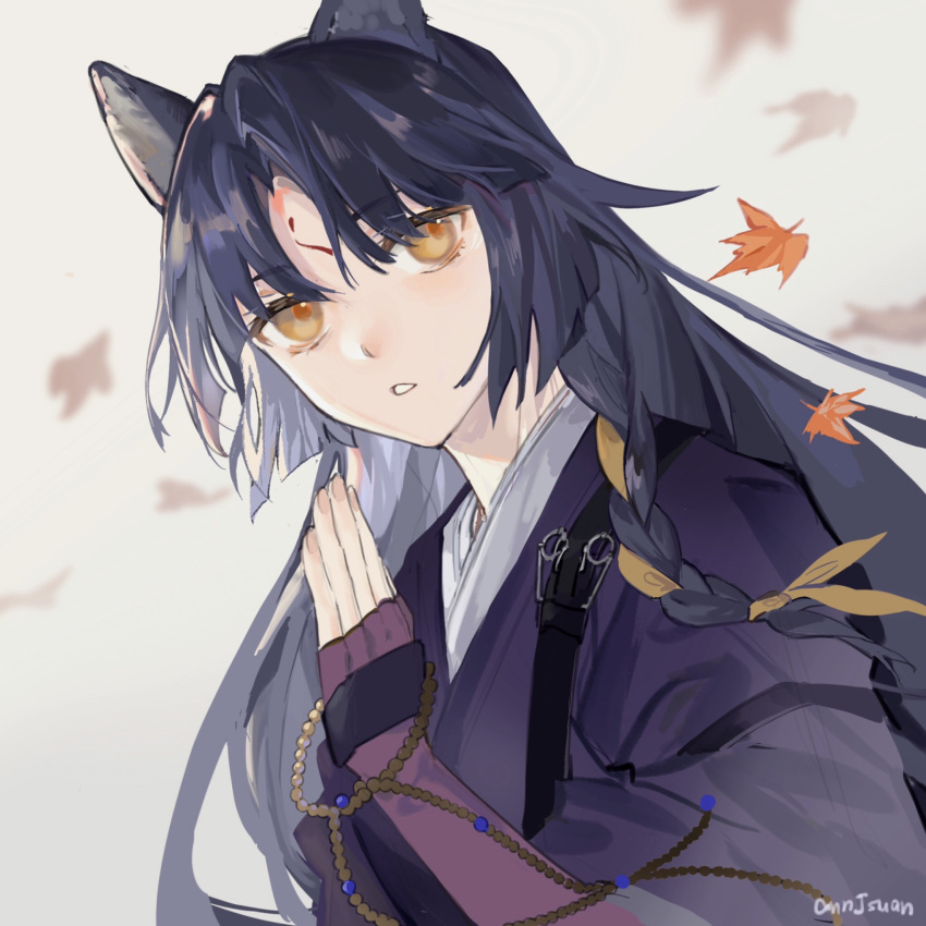 1girl animal_ears ann_jsuan arknights artist_name autumn_leaves bangs black_hair black_kimono braid dog_ears elbow_gloves eyebrows_visible_through_hair falling_leaves fingerless_gloves forehead gloves hair_ribbon hand_up highres japanese_clothes kimono leaf long_hair maple_leaf parted_bangs purple_gloves ribbon saga_(arknights) side_braid simple_background solo upper_body very_long_hair white_background yellow_eyes yellow_ribbon