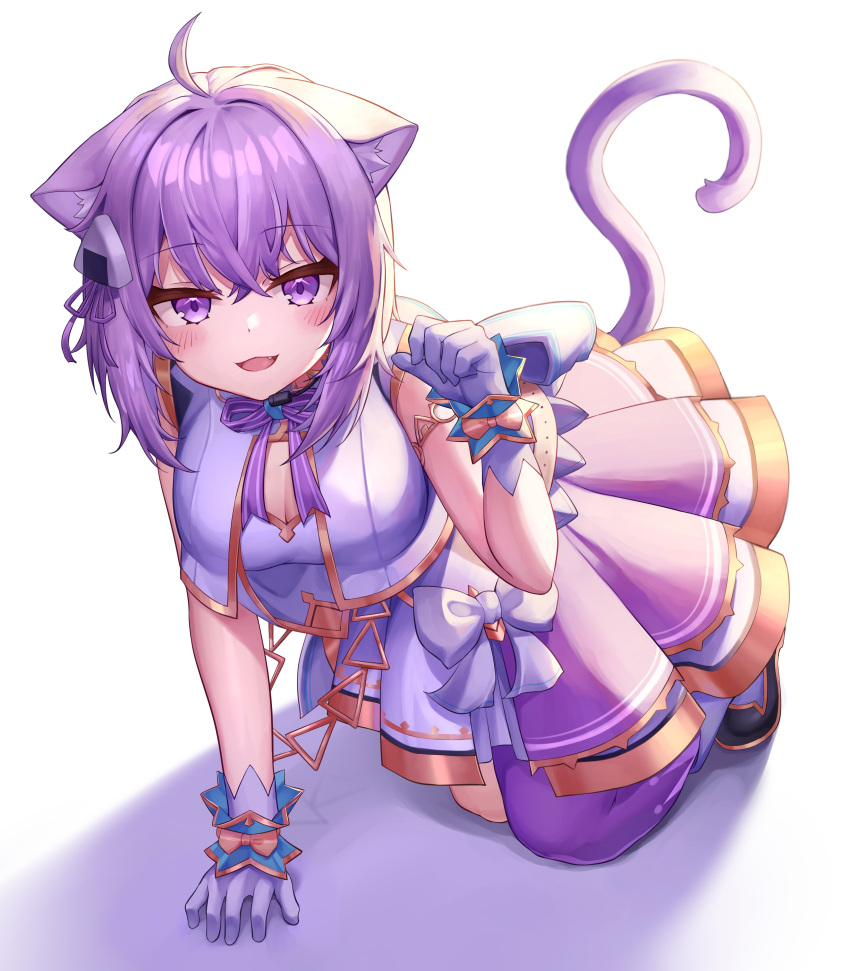 1girl absurdres ahoge animal_ears bangs blush breasts cat_ears cat_tail deaver eyebrows_visible_through_hair food_themed_hair_ornament gloves hair_ornament hand_up highres hololive looking_at_viewer medium_breasts nekomata_okayu pink_skirt purple_gloves purple_hair purple_legwear short_hair simple_background skirt smile solo tail violet_eyes virtual_youtuber white_background