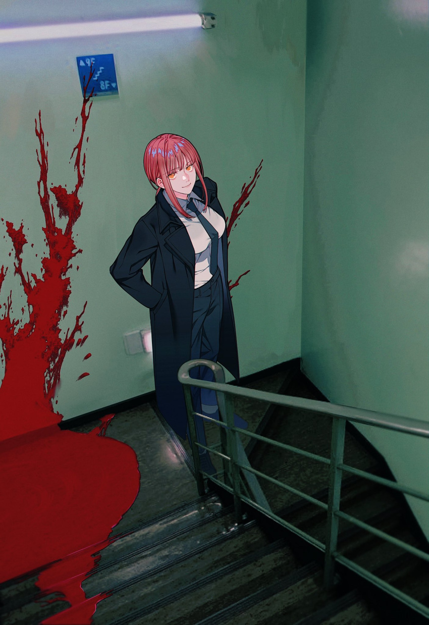 1girl bangs black_neckwear blood blood_splatter breasts chainsaw_man collared_shirt formal from_above highres long_hair looking_at_viewer makima_(chainsaw_man) medium_breasts nagisa_no_cherii necktie orange_eyes redhead shirt smile solo stairs standing suit white_shirt wide_shot