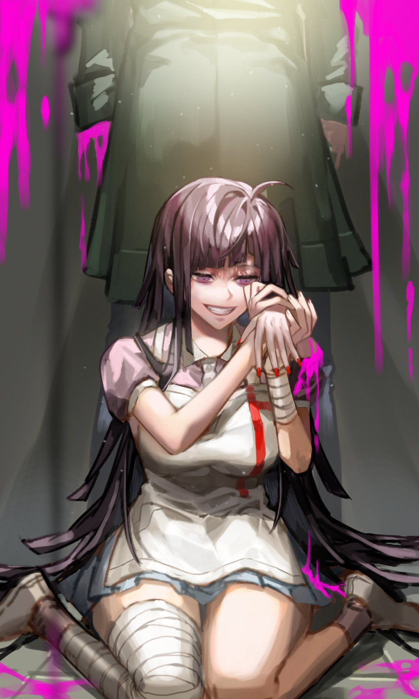 1girl absurdres ahoge amputee apron bandaged_arm bandaged_leg bandages black_hair brown_footwear coat commentary_request dangan_ronpa_(series) dangan_ronpa_2:_goodbye_despair ela_(h_an) from_behind green_coat grin hands_up highres holding_hand komaeda_nagito long_hair long_sleeves on_floor own_hands_together pink_blood pink_shirt pleated_skirt red_nails shiny shiny_hair shirt shoes sitting skirt smile smirk solo standing tile_floor tiles tsumiki_mikan violet_eyes wariza white_apron