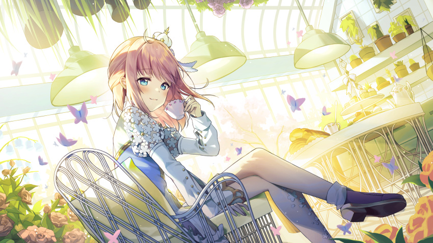 1girl ahoge alpha_(ypalpha79) bangs blue_eyes blunt_bangs blush brown_hair bug butterfly ceiling_light closed_mouth commission crossed_legs crown cup day dot_nose dutch_angle eyebrows_visible_through_hair feet_out_of_frame flower hand_up highres holding holding_cup indie_virtual_youtuber indoors insect juliet_sleeves long_sleeves looking_at_viewer medium_hair mini_crown ozora_roselia puffy_sleeves purple_footwear see-through_sleeves sidelocks sitting sleeve_cuffs smile solo sunlight teacup