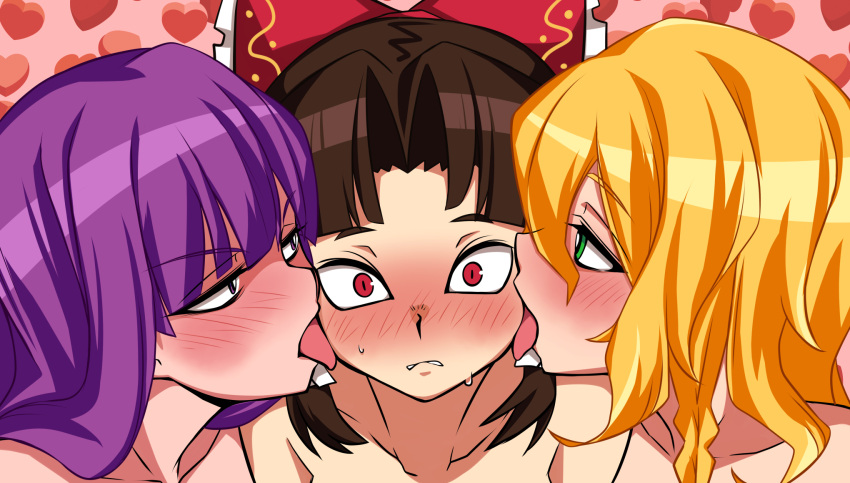 3girls bangs benikurage_(cookie) blonde_hair blunt_bangs blush bow bright_pupils brown_hair cheek_licking commentary_request cookie_(touhou) eyebrows_visible_through_hair face_licking frilled_bow frilled_hair_tubes frills green_eyes hair_between_eyes hair_bow hair_tubes hakurei_reimu heart highres kirisame_marisa licking long_hair looking_at_another looking_at_viewer mars_(cookie) medium_hair multiple_girls nose_blush open_mouth paburisiyasu parted_bangs patchouli_knowledge purple_hair red_bow red_eyes shiny shiny_hair sweat taisa_(cookie) tongue tongue_out upper_body violet_eyes white_pupils yuri