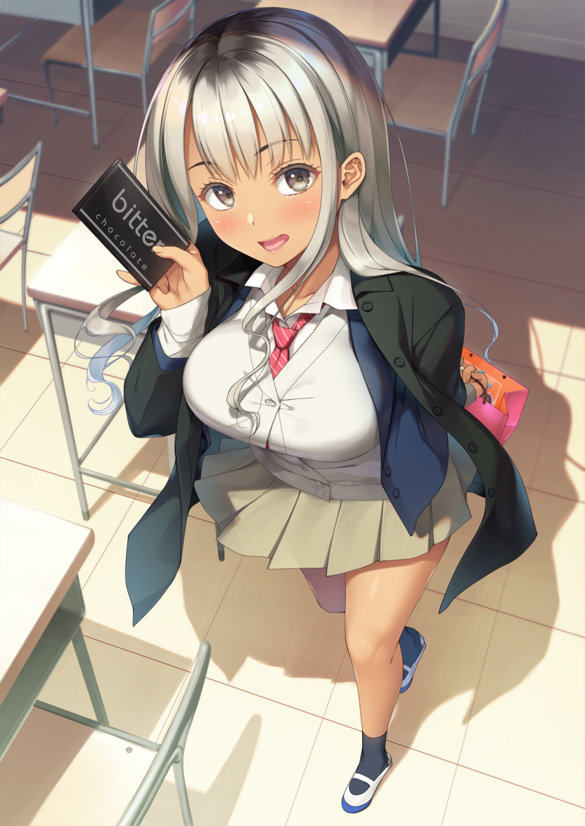 1girl :d arm_behind_back bag bangs black_jacket blazer blush breasts cardigan chair chocolate classroom desk dress_shirt eyebrows_visible_through_hair food foreshortening from_above grey_cardigan grey_hair gyaru hand_up highres holding holding_bag holding_chocolate holding_food imachireki indoors jacket large_breasts long_hair looking_at_viewer looking_up necktie open_blazer open_clothes open_jacket open_mouth original pleated_skirt red_neckwear school school_chair school_desk school_uniform shadow shirt shoes shopping_bag sidelocks silver_hair skirt sleeves_past_wrists smile socks solo standing striped striped_neckwear sunlight tan taut_clothes tile_floor tiles uwabaki