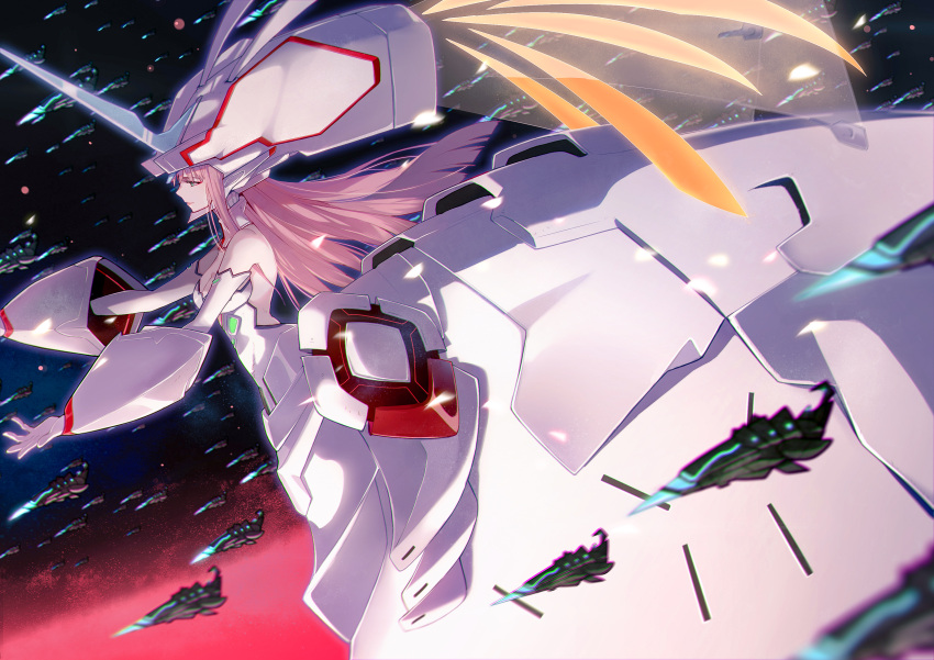 1girl absurdres alternate_costume darling_in_the_franxx detached_collar detached_sleeves dress from_side highres long_hair mecha_musume off-shoulder_dress off_shoulder outstretched_arms pink_hair profile slyvia solo strelizia very_long_hair white_dress white_headwear zero_two_(darling_in_the_franxx)