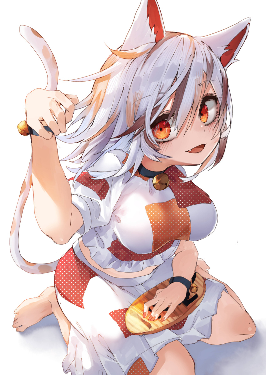 1girl :d absurdres animal_ears barefoot bell black_collar bracelet breasts cat_ears cat_tail coin collar commentary_request eyebrows_visible_through_hair fang goutokuji_mike hair_between_eyes hand_up highres jewelry jingle_bell large_breasts light_blush looking_at_viewer maneki-neko medium_hair multicolored_hair murayo open_mouth orange_eyes paw_pose seiza shirt silver_hair simple_background sitting skirt smile solo streaked_hair tail touhou white_background white_shirt white_skirt