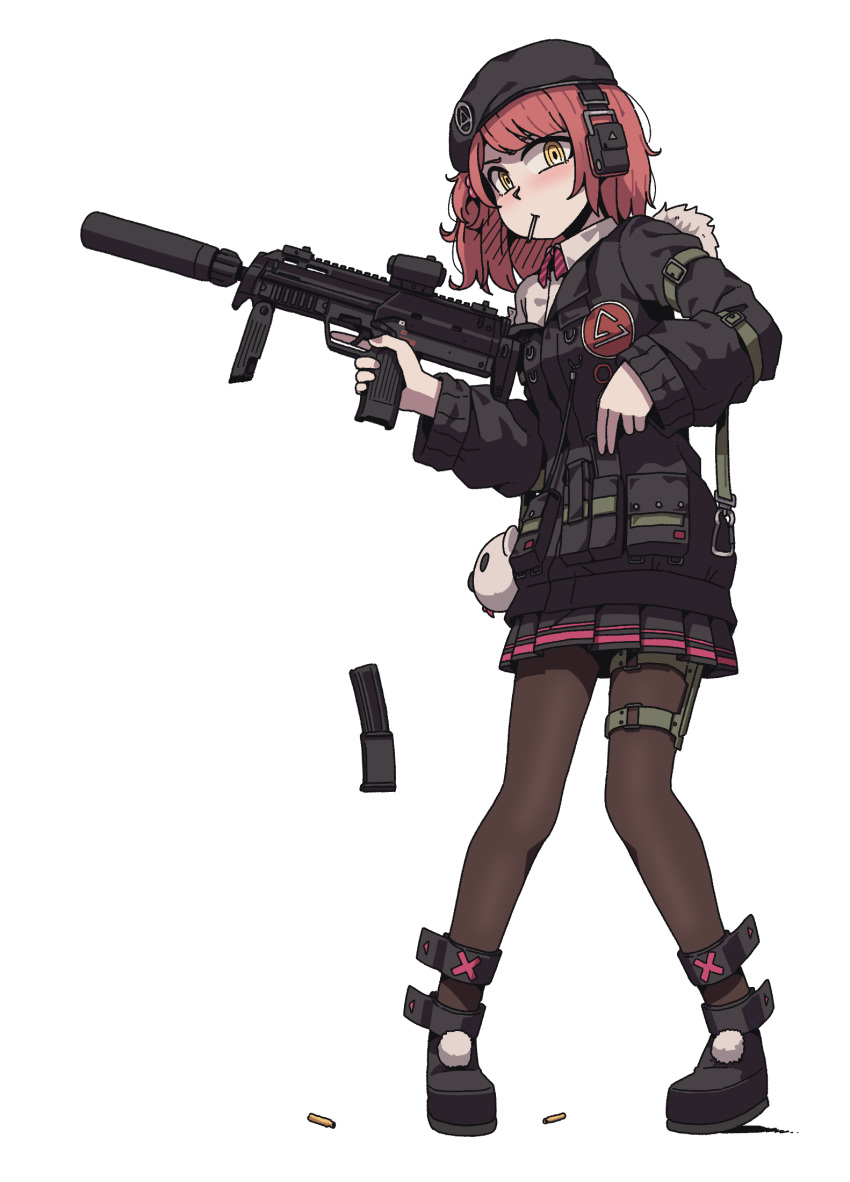 1girl beret girls_frontline gun h&amp;k_mp7 hat highres kare mp7_(girls_frontline) pantyhose ponytail redhead shell_casing short_hair solo submachine_gun suppressor weapon yellow_eyes