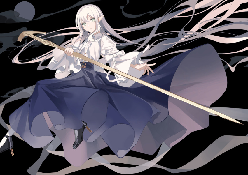 1girl absurdly_long_hair blue_dress commentary_request dress expressionless green_eyes high_heels highres holding holding_sword holding_weapon long_hair looking_at_viewer moon original pointy_ears shirt solo sword tsuki-shigure very_long_hair weapon white_hair white_shirt