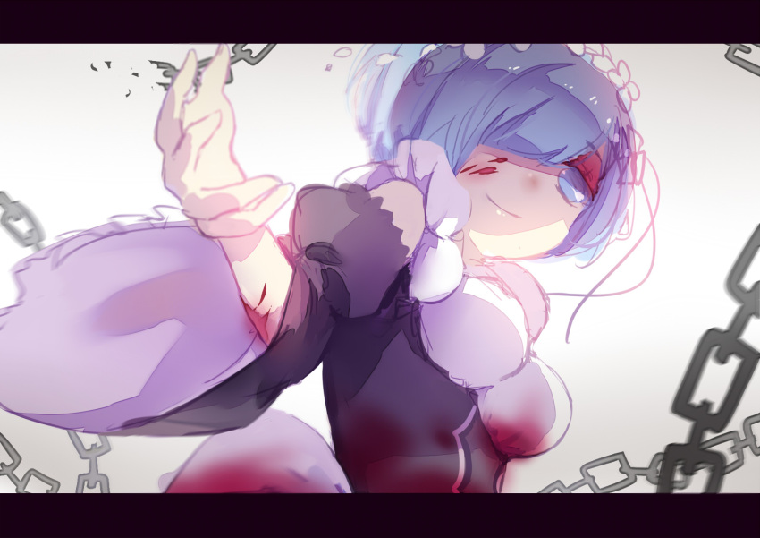 1girl bangs black_dress blood blood_on_face blue_eyes blue_hair breasts chain detached_sleeves dress hair_ornament hair_over_one_eye highres letterboxed looking_at_viewer maid_headdress medium_breasts outstretched_hand re:zero_kara_hajimeru_isekai_seikatsu rem_(re:zero) roswaal_mansion_maid_uniform short_hair slyvia smile solo underbust upper_body vignetting white_background wide_sleeves x_hair_ornament