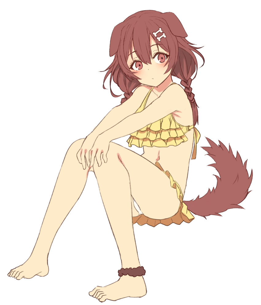 1girl absurdres alternate_costume animal_ears ankle_cuffs bare_legs barefoot bikini blush bone_hair_ornament braid brown_hair closed_mouth commentary dog_ears dog_tail expressionless eyebrows_visible_through_hair frilled_bikini frills full_body hair_between_eyes hair_ornament hands_on_own_knees highres hololive inugami_korone invisible_chair knees_together_feet_apart looking_at_viewer medium_hair midriff navel orihiro0614 panties red_eyes side_braids simple_background sitting solo swimsuit tail twin_braids underwear virtual_youtuber white_background white_panties yellow_bikini