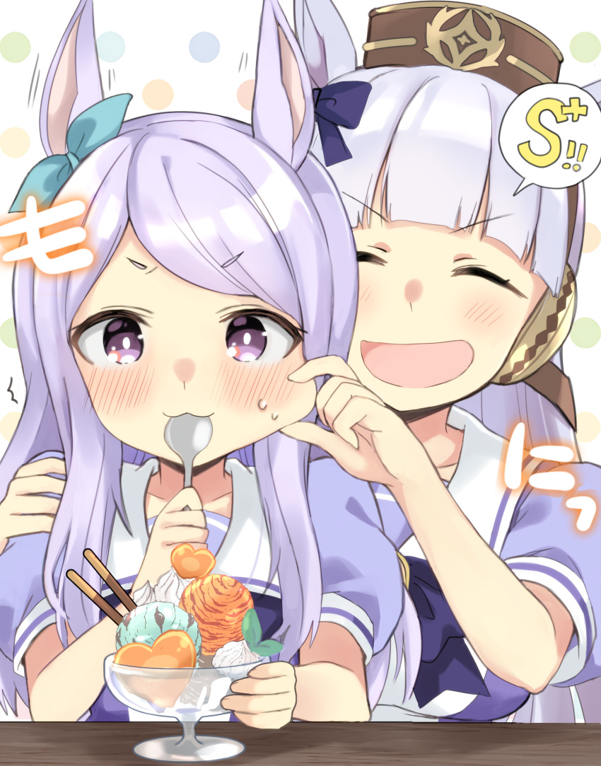 2girls :d ^^^ ^_^ animal_ears bangs blue_bow blue_ribbon blue_shirt blush bow brown_headwear cheek_pull closed_eyes collarbone commentary_request ear_covers ear_ribbon eyebrows_visible_through_hair facing_viewer food gold_ship hair_bow hat heart highres hizuki_yayoi holding holding_spoon horse_ears ice_cream long_hair looking_at_viewer mejiro_mcqueen mini_hat multiple_girls open_mouth pocky puffy_short_sleeves puffy_sleeves purple_hair ribbon school_uniform shirt short_sleeves silver_hair smile spoon sweat tracen_school_uniform umamusume upper_body v-shaped_eyebrows very_long_hair violet_eyes