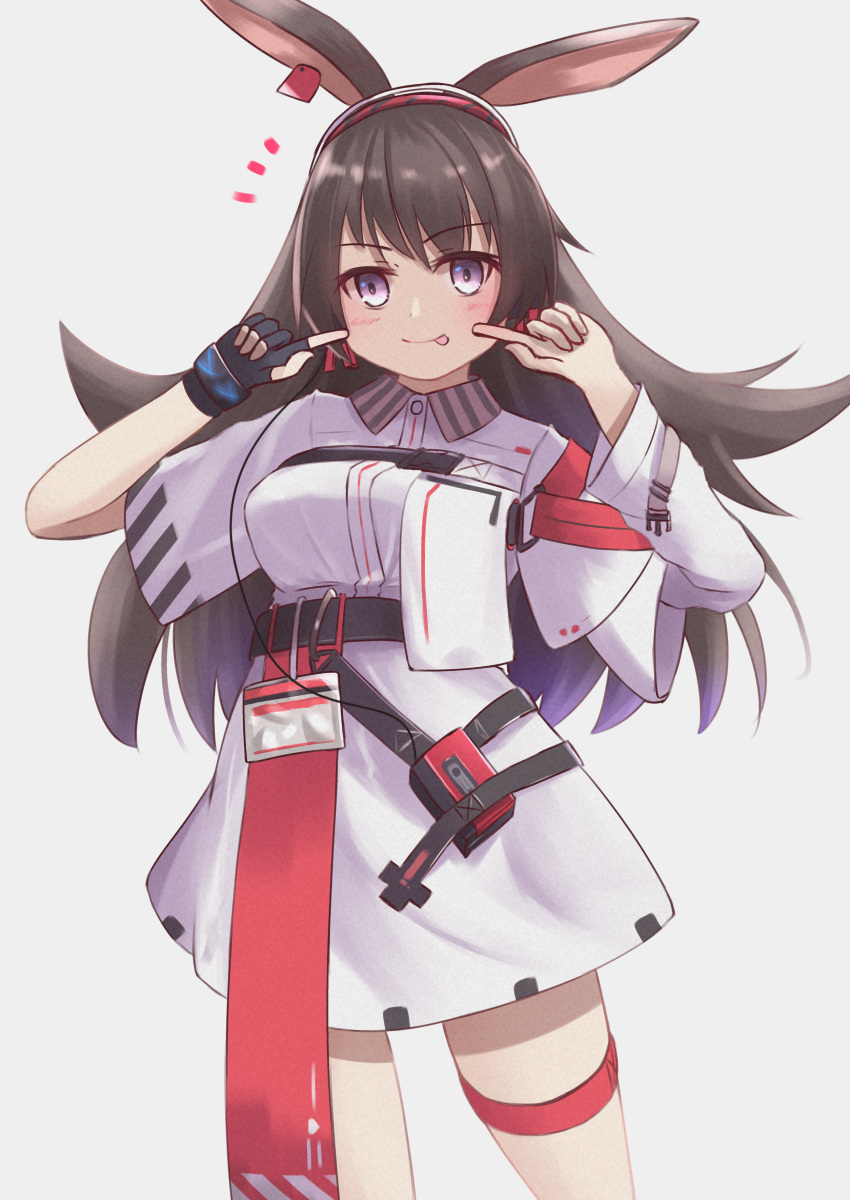 1girl :p absurdres animal_ears april_(arknights) arknights asymmetrical_sleeves bangs black_gloves blush breasts brown_hair commentary_request cowboy_shot dress eyebrows_visible_through_hair fingerless_gloves fingers_to_cheeks gloves grey_background hairband hands_up highres ki_xyoro long_hair long_sleeves looking_at_viewer medium_breasts partial_commentary rabbit_ears short_dress short_sleeves simple_background single_glove smile solo standing thigh_strap tongue tongue_out very_long_hair violet_eyes white_dress