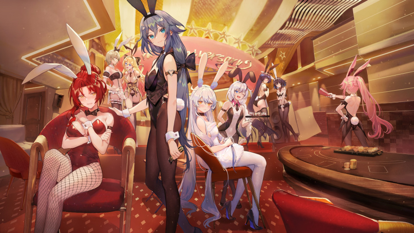 6+girls ;d animal_ears apron aqua_eyes arm_strap armband ass backless_leotard bandeau bare_arms bare_shoulders bianka_durandal_ataegina bikini black_bikini black_choker black_dress black_legwear black_leotard blonde_hair blue_eyes blush bow bowtie breasts brown_hair brown_legwear bunny_tail chair choker clenched_teeth covered_navel criin crop_top detached_collar detached_sleeves dress embarrassed fake_animal_ears fishnet_legwear fishnets flat_chest fu_hua fur_trim garter_straps grey_hair groin hair_between_eyes hair_bow hair_bun high_heels highleg highleg_leotard highres honkai_(series) honkai_impact_3rd indoors kiana_kaslana kiana_kaslana_(herrscher_of_the_void) large_breasts leotard light_brown_hair long_hair low_ponytail medium_breasts midriff mole mole_on_breast multiple_girls murata_himeko necktie official_art one_eye_closed open_mouth orange_eyes pantyhose pink_hair playboy_bunny ponytail rabbit_ears raiden_mei raiden_mei_(herrscher_of_thunder) red_leotard redhead revealing_clothes rita_rossweisse seele_vollerei short_hair short_necktie short_shorts shorts single_thighhigh sitting sleeveless small_breasts smile standing strapless strapless_leotard string_bikini suspenders swimsuit tail tailcoat tearing_up teeth theresa_apocalypse thigh-highs underbust very_long_hair waist_apron white_hair white_leotard wrist_cuffs yae_sakura yellow_eyes