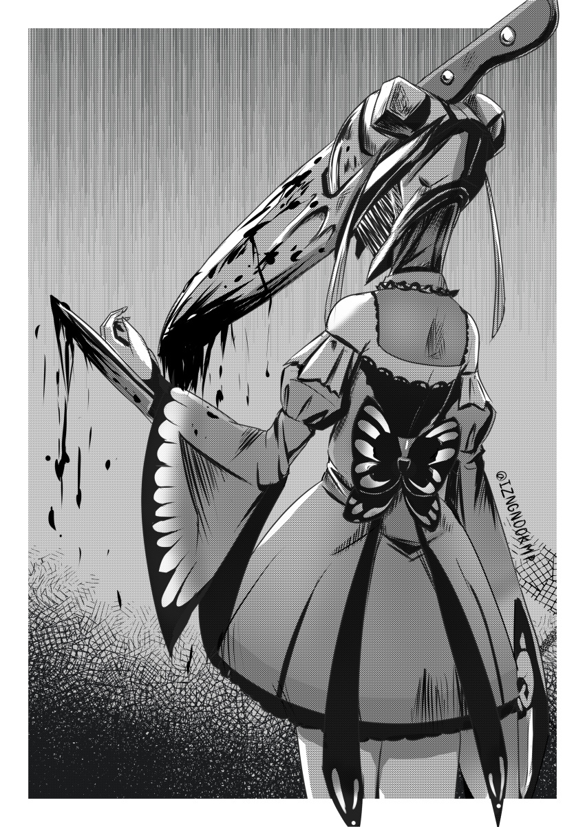 1girl absurdres arm_blade bug chainsaw_man demon_girl detached_sleeves gothic greyscale highres hololive insect izanagi_no_ookami_p. knife long_sleeves monochrome monster_girl monsterification sharp_teeth teeth themed_object transformation twitter_username uruha_rushia weapon