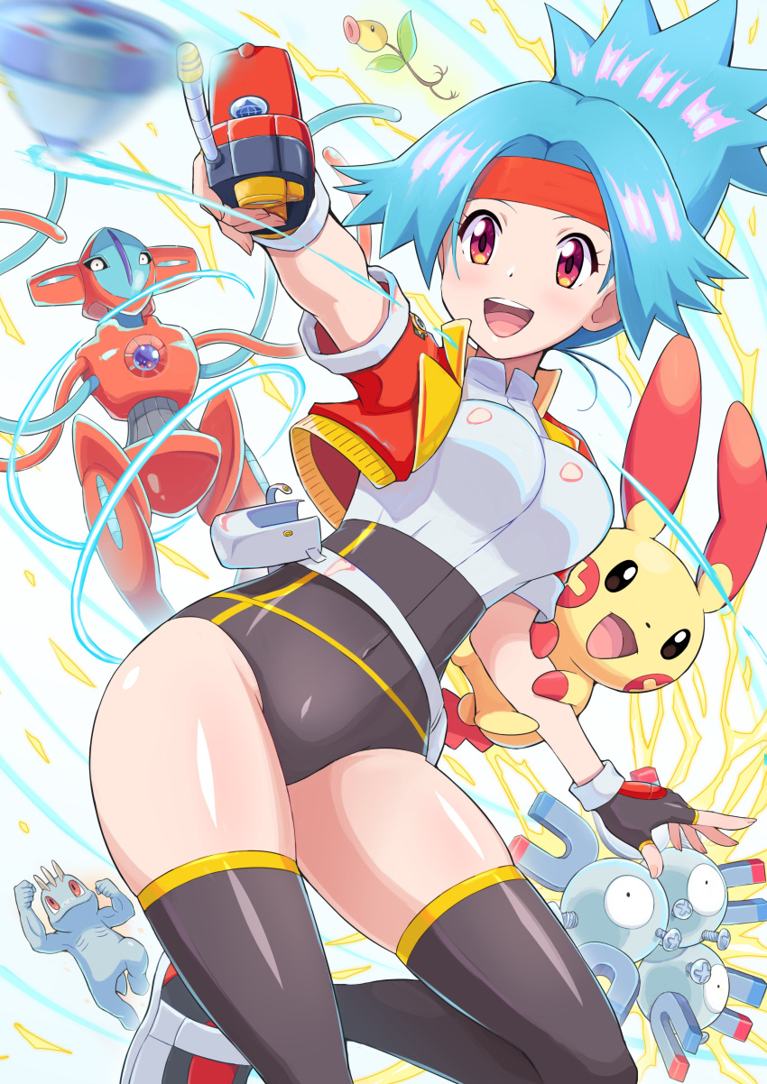 1girl :d absurdres bellsprout belt blue_hair blurry blush breasts brown_legwear capture_styler commentary_request covered_navel cropped_jacket deoxys deoxys_(normal) electricity eyelashes fingerless_gloves gen_1_pokemon gen_3_pokemon gloves headband highres jacket long_hair machop magneton mythical_pokemon open_clothes open_jacket open_mouth orange_headband plusle pokemoa pokemon pokemon_(creature) pokemon_ranger pokemon_ranger_1 shiny shiny_skin shoes short_sleeves smile solana_(pokemon) teeth thigh-highs tongue white_background