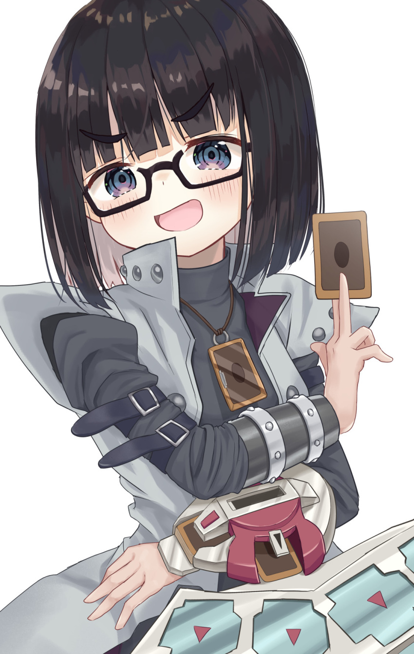 1girl :d bangs between_fingers black-framed_eyewear black_hair black_shirt blue_eyes blunt_bangs blush card commentary_request cosplay eyebrows_visible_through_hair glasses hand_up highres holding holding_card juliet_sleeves kaiba_seto kaiba_seto_(cosplay) long_sleeves looking_at_viewer mimikaki_(men_bow) open_mouth original puffy_sleeves semi-rimless_eyewear shirt simple_background smile smug solo thick_eyebrows under-rim_eyewear v-shaped_eyebrows white_background yu-gi-oh!