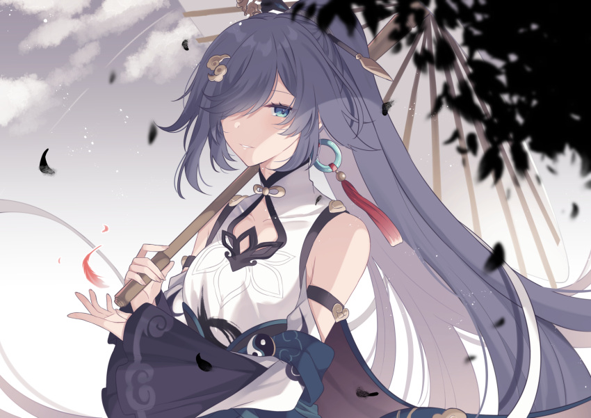 1girl arm_strap bangs black_hair blue_eyes china_dress chinese_clothes cloud_hair_ornament dress earrings fu_hua hair_ornament hair_over_one_eye hairpin high_ponytail highres holding holding_umbrella honkai_(series) honkai_impact_3rd jewelry long_hair looking_at_viewer mandarin_collar oil-paper_umbrella parted_lips smile solo sugikichi umbrella very_long_hair white_dress whorled_clouds wide_sleeves yin_yang