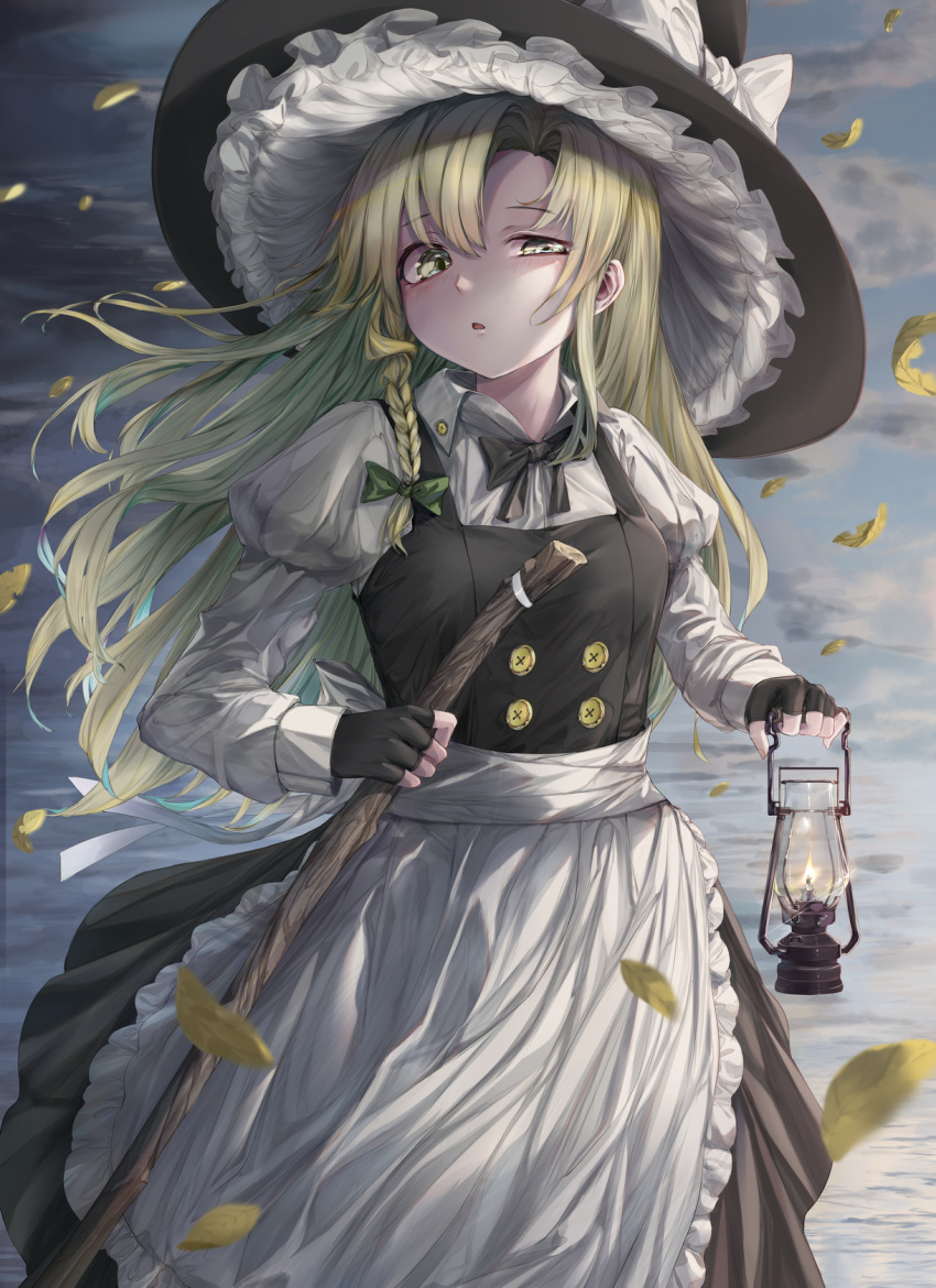 1girl apron ass autumn_leaves black_dress black_neckwear blonde_hair bow braid broom clouds cloudy_sky collared_shirt cropped_legs denpajin-ryuushi dress fingerless_gloves gloves hair_bow hat hat_bow highres holding juliet_sleeves kirisame_marisa long_hair long_sleeves looking_at_viewer oil_lamp puffy_sleeves shirt side_braid single_braid sky squinting touhou waist_apron witch_hat yellow_eyes
