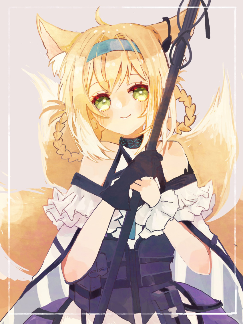 1girl animal_ear_fluff animal_ears arknights bangs bare_shoulders black_gloves blonde_hair blue_hairband blush braid closed_mouth commentary_request eyebrows_behind_hair fox_ears fox_girl fox_tail gloves green_eyes grey_background hair_rings hairband han_(hn_smr) hands_up highres holding kitsune multicolored_hair purple_skirt shirt single_glove skirt smile solo suzuran_(arknights) tail twin_braids two-tone_hair white_hair white_shirt