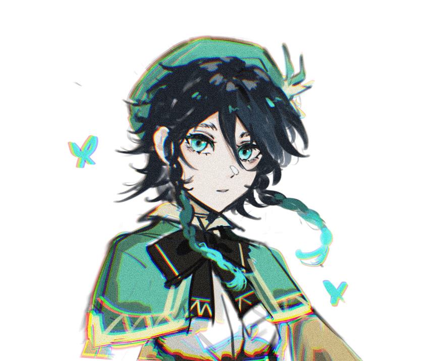 1boy androgynous bangs beret black_hair blue_hair bow braid bug butterfly cape chromatic_aberration collared_cape flower genshin_impact gradient_hair green_eyes green_headwear hat hat_flower highres insect kasaya leaf looking_at_viewer male_focus multicolored_hair open_mouth short_hair_with_long_locks simple_background solo twin_braids venti_(genshin_impact) white_background white_flower