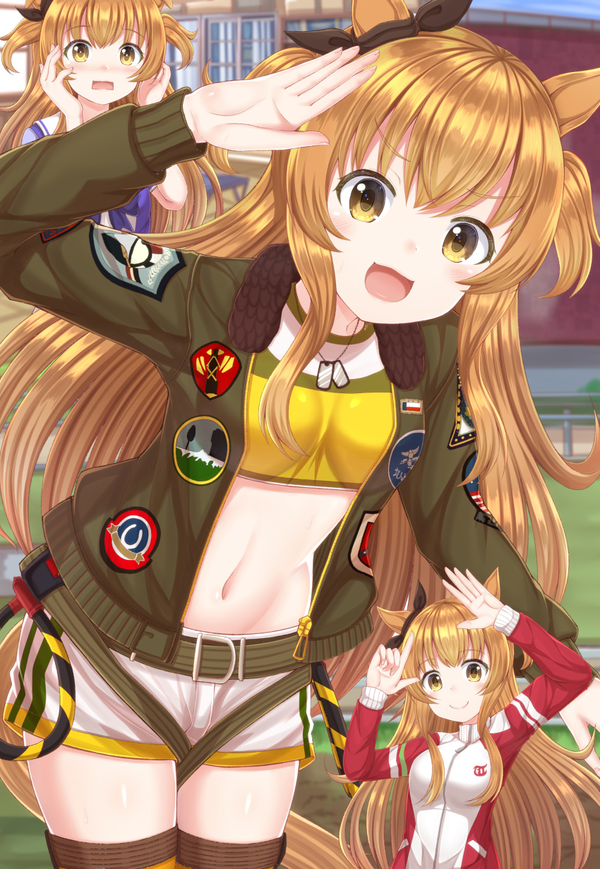 1girl :d absurdres animal_ears arm_up belt black_legwear breasts cowboy_shot crop_top dog_tags green_jacket highres horse_ears horse_girl horse_tail jacket long_hair long_sleeves looking_at_viewer masa_masa mayano_top_gun midriff multiple_views navel open_clothes open_jacket open_mouth orange_eyes orange_hair shirt short_shorts shorts small_breasts smile standing stomach tail thigh-highs thighs track_jacket two_side_up umamusume v-shaped_eyebrows very_long_hair white_shorts yellow_shirt