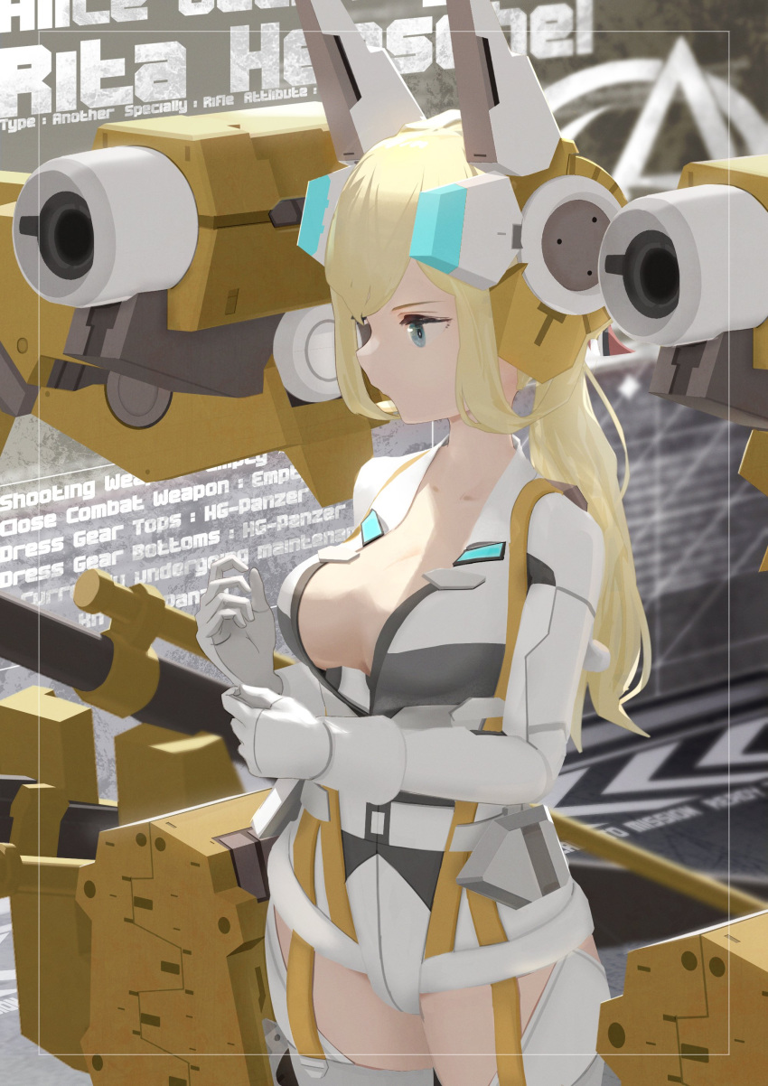 1girl absurdres alice_gear_aegis blonde_hair breasts cannon closed_mouth commentary_request english_text gloves grey_eyes headgear highres large_breasts leotard rita_henschel snlivis50 solo thigh-highs white_gloves