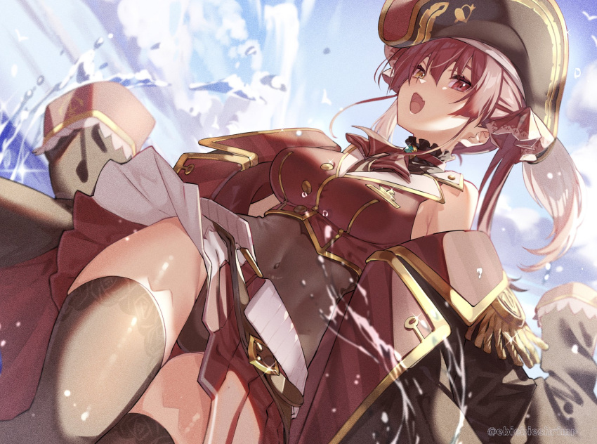 1girl bangs belt bicorne black_legwear coat coat_on_shoulders covered_navel cropped_jacket from_below hair_ribbon hat heterochromia highres hololive houshou_marine jacket leotard leotard_under_clothes navel_piercing neckerchief open_mouth piercing pirate_hat pleated_skirt red_eyes red_jacket red_ribbon red_skirt redhead ribbon sheer_leotard shuri_(84k) skirt solo standing thigh-highs twintails two-tone_skirt virtual_youtuber white_skirt yellow_eyes