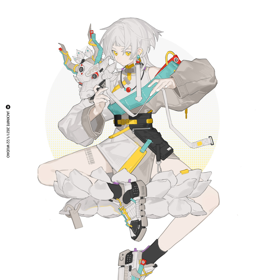 1boy absurdres barcode barcode_tattoo bare_shoulders bishounen closed_mouth earrings fingernails grey_hair highres jacknife jewelry male_focus medium_hair necklace original shoes sleeves_past_wrists sneakers solo tattoo white_legwear yellow_eyes zipper zipper_pull_tab