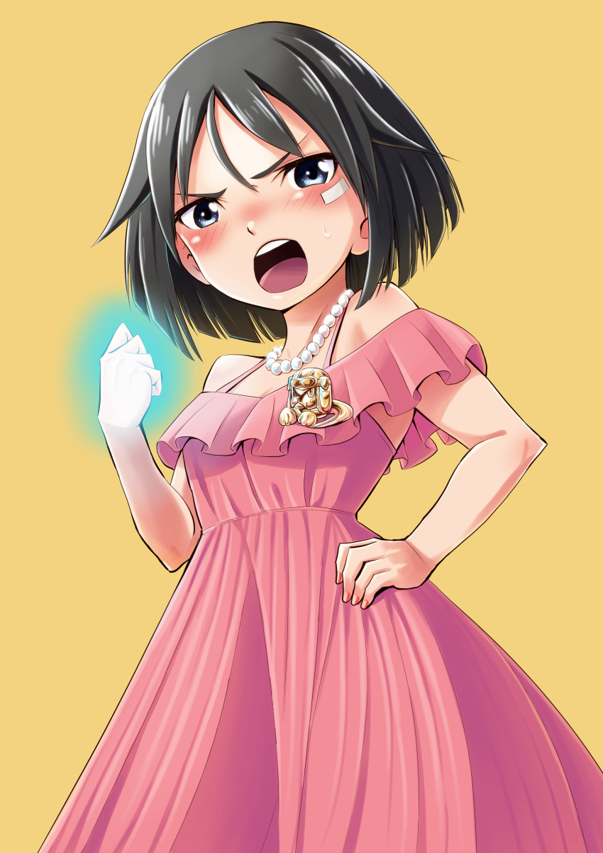 1girl absurdres angry bandaid bandaid_on_face bare_shoulders black_hair blue_eyes blush brave_witches breasts clenched_hand collarbone dress embarrassed hand_on_hip hase_popopo highres jewelry kanno_naoe looking_at_viewer necklace off-shoulder_dress off_shoulder open_mouth pearl_necklace pink_dress shiny shiny_hair short_hair simple_background small_breasts solo teeth upper_teeth world_witches_series yellow_background