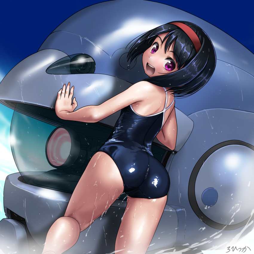 1girl ass black_hair blue_swimsuit clouds competition_school_swimsuit from_behind hairband highres kneepits legs looking_back mecha one-piece_swimsuit open_mouth original outdoors pink_eyes rohitsuka school_swimsuit shiny shiny_clothes short_hair sky smile solo swimsuit thighs wet wet_clothes wet_hair wet_swimsuit