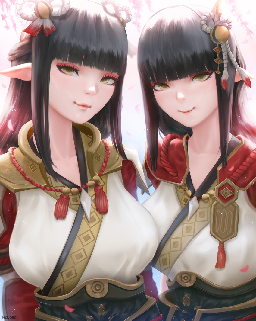 2girls armor backlighting black_hair breasts eyeshadow green_eyes hair_ornament highres hime_cut hinoa japanese_clothes jewelry large_breasts looking_at_viewer makeup mcdobo minoto monster_hunter monster_hunter_rise multiple_girls necklace pendant pointy_ears red_eyeshadow shoulder_armor siblings sisters straight_hair twins
