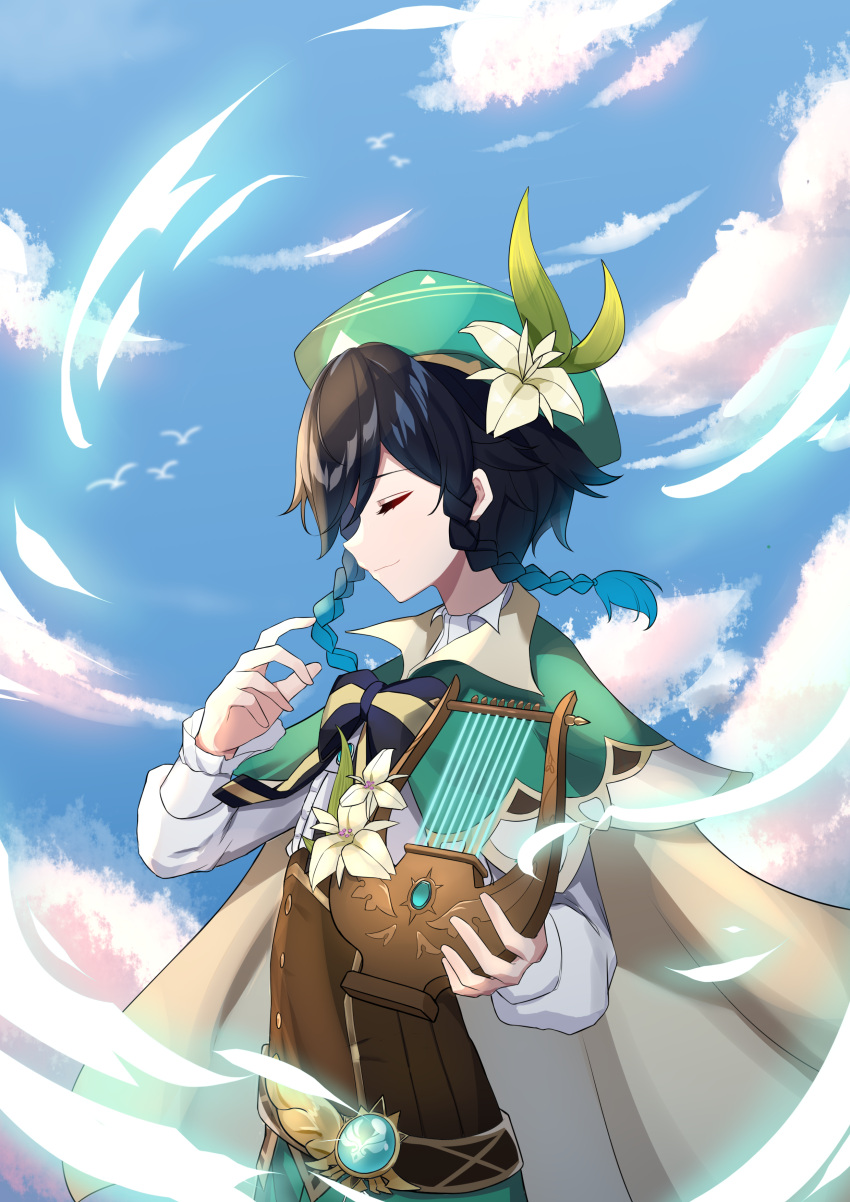 1boy absurdres androgynous bangs beret black_hair blue_hair bow braid cape closed_eyes closed_mouth clouds cloudy_sky collared_cape collared_shirt corset day flower frilled_sleeves frills from_side gem genshin_impact gradient_hair green_headwear hat hat_flower highres holding holding_instrument instrument leaf long_sleeves lyre male_focus multicolored_hair outdoors shirt short_hair_with_long_locks sky solo twin_braids venti_(genshin_impact) vision_(genshin_impact) white_flower white_shirt xiao_fei